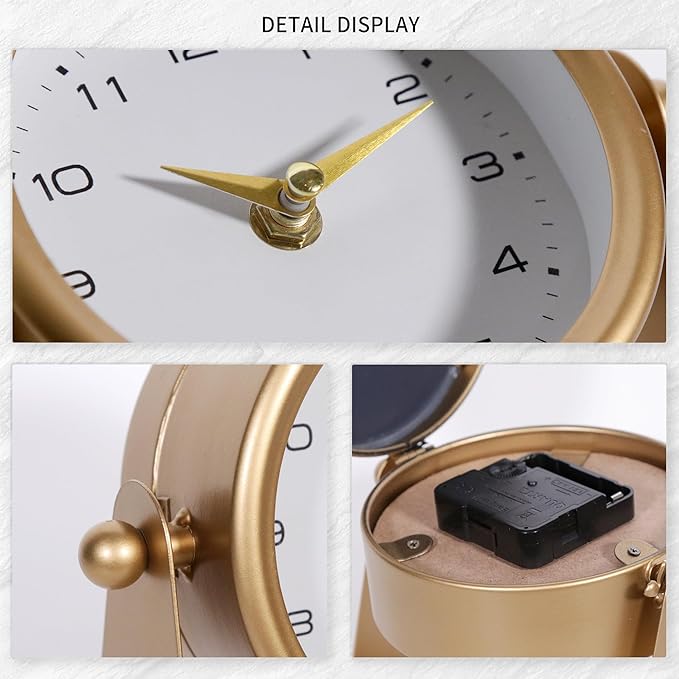 Vintage Mirror Table Clock on Stand, Decorative Desk and Small Clocks Shelf Clock Decorative Battery Operated Table Top Decor for Living Room，Silent Non-Ticking (Gold)