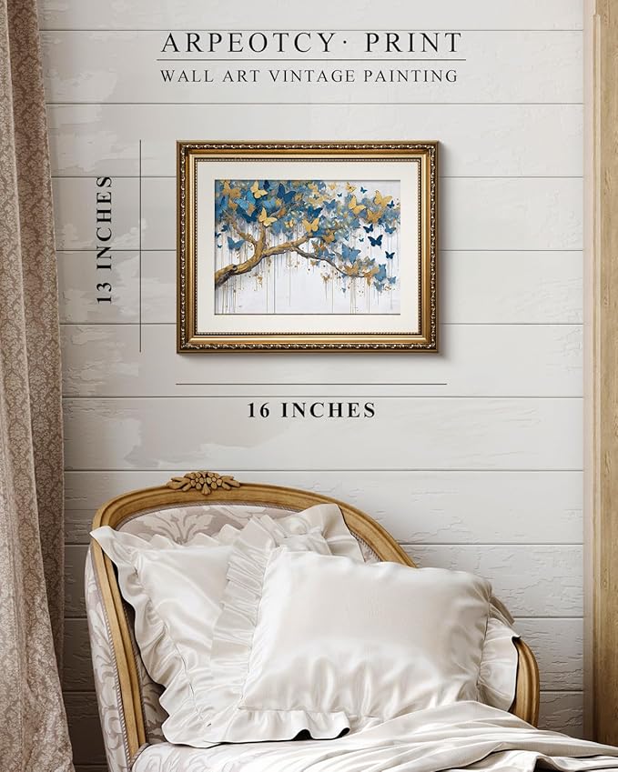 ARPEOTCY Vintage Gold Framed Wall Art Decor, 13x16 Inch Blue and Gold Butterfly Tree Canvas Print, Luxury Glam Wall Art for Living Room, Bedroom, or Office