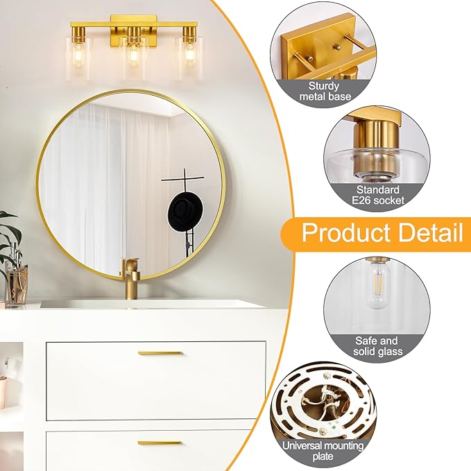 Gold 3-Light Bathroom Vanity Light, Modern Brushed Gold Vanity Lights with Clear Glass Shades, Bathroom Wall Sconce Lamp for Mirror Living Room Bedroom Hallway