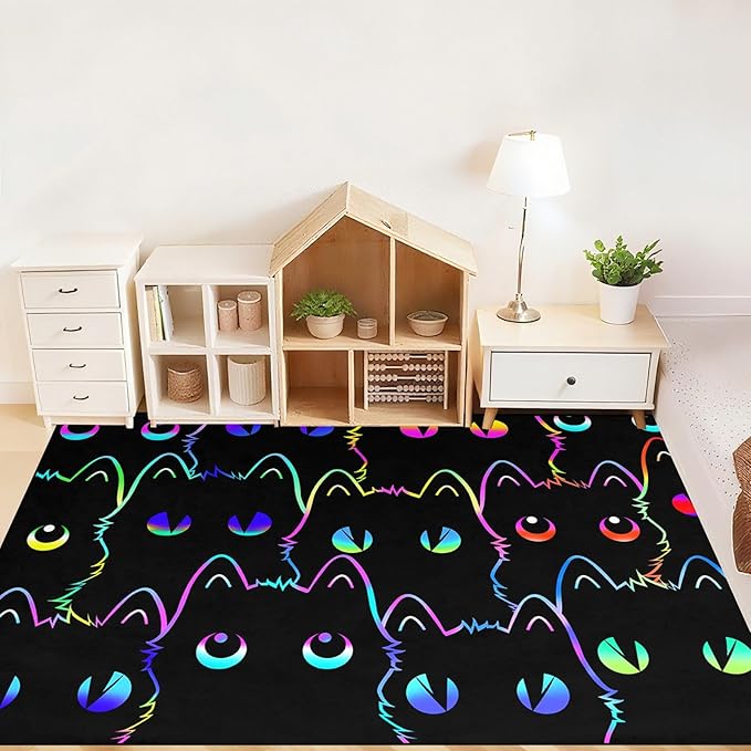 Black Cat Rug for Bedroom, Kids Cat Carpet for Girls Room Decor, Funny Cats Rugs Room Decor Playroom Cute Cats Themed Kids Area Rug Washable Non Slip Childrens Bedroom Mat 2.5x4 Feet