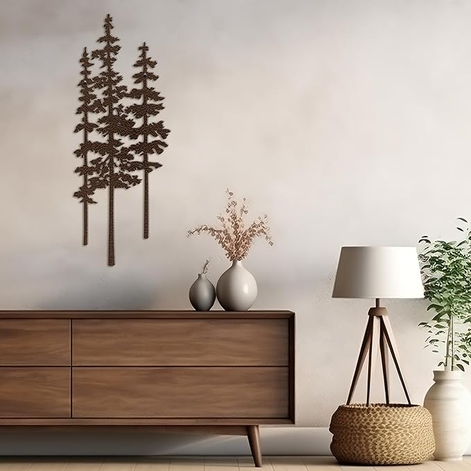 Metal Wall Art Decor Forest Pine Trees Minimalist Iron Tree Design Modern Nature-Inspired Wall Sculpture Hangings Home Decoration for Living Room, Bedroom, Bathroom, Kitchen, Outdoor - 18" Bronze