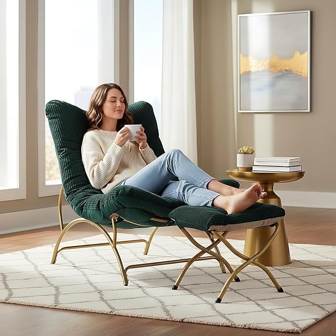 Welnow Modern Accent Chair with Ottoman, Upholstered Comfy Lounge Recliner Sofa, Thick Cushion Oversized Lazy Reading Chair with Footrest for Living Room, Bedroom, Apartment, Office, Dorm, Dark Green