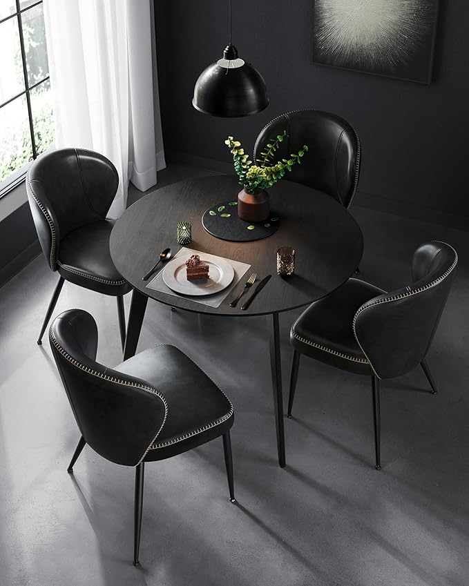 VASAGLE EKHO Collection - Dining Chairs Set of 6, Upholstered Kitchen Chairs, Comfortable Seat, Synthetic Leather with Stitching, Mid-Century Modern, Easy Assembly, Living Room Lounge, Ink Black