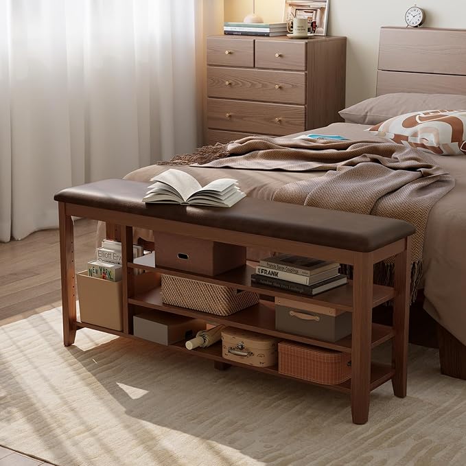 3 Tier Shoe Bench with Cushion,Solid Wood Storage Bench Height Adjustable, Shoe Rack for Entryway,Bedroom,Hallway(Walnut)