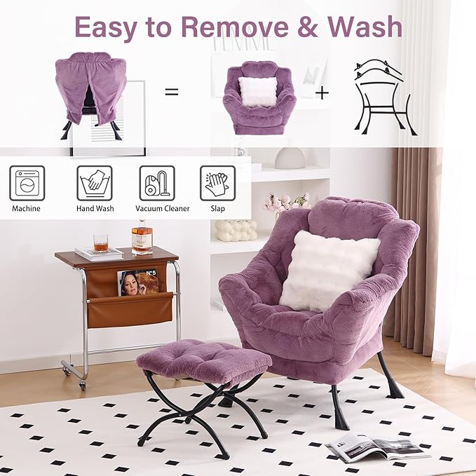 Lazy Chair with Ottoman, Large Purple Lounge Accent Chair with Ottoman and FA Throw Pillow, Comfy Plush Reading Chair for Living Room Bedroom Dorm Room Office Apartment Relaxing Use