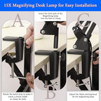 15X Magnifying Glass Desk Lamp with Clamp and Base, Real Glass Lens, 84 LEDs, 5 Color Modes Dimmable, Led Lamp Magnifier with Dust Cover, Clean Cloth, Ideal Gift for Seniors, Crafters, Hobbyists