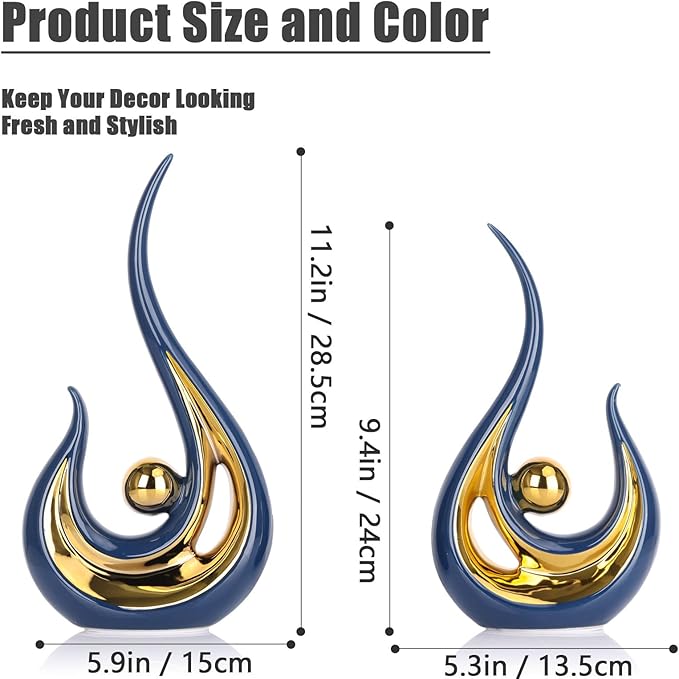XMGZQ 2pcs Navy Blue Gold Modern Abstract Art Statue Table Decoration,Elegantes Ceramic Statue for Home Décor Accent,Mantel,Bookshelf,Centerpiece Table Decorations for Dining Room,adornos para sala