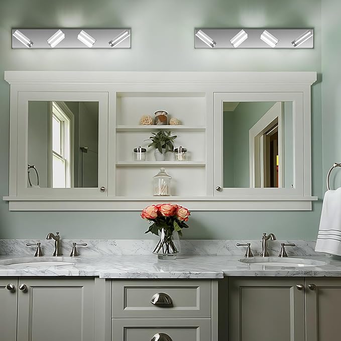 Modern LED Bathroom Lights Fixtures(4-Light),Stainless Steel Chrome Acrylic Wall Lighting,Vanity Lights for Bathroom Over Mirror(6000k 27in)