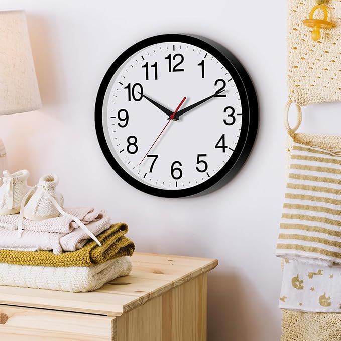 12 Inch Wall Clock Modern Battery Operated Silent Non Ticking Analog for Bedroom Office Living Room Home Kitchen Bathroom(Black)