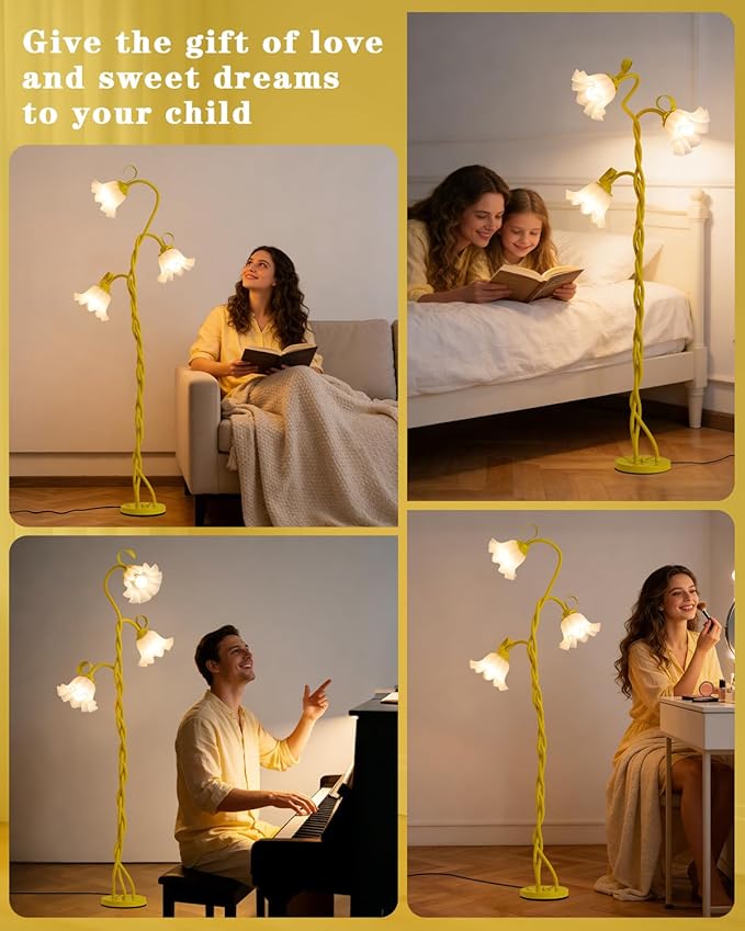 Flower Floor Lamp for Bedroom - 3 Color Temperatures Decorative Flower Tall Floor Reading Lamp with Flexible Neck for Bedroom Living Room Office Corner (Yellow)