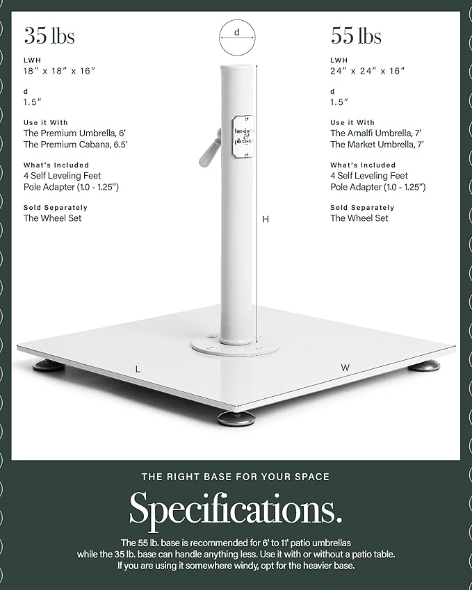 Business & Pleasure Co. Classic White Umbrella Base - Perfect for The Patio Table or Pool - Heavy Outdoor Square Metal Stand - Fits Beach, Market, & Patio Umbrellas - 55 lbs