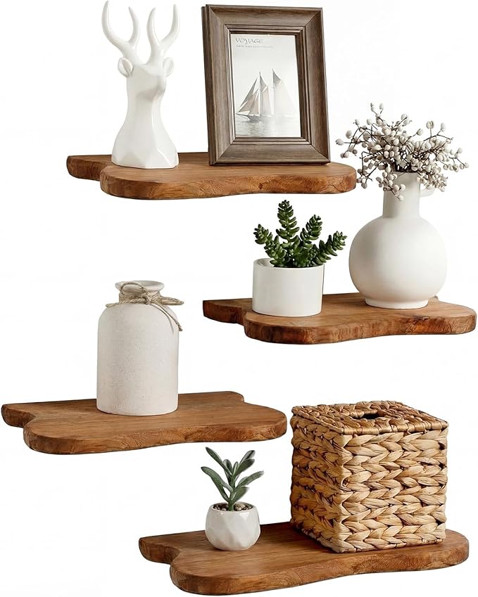 Pinkunn 4 Pcs Floating Shelves for Wall Wooden Live Edge Shelf Wall-Mounted Natural Solid Wood Bedroom Kitchen Storage Living Room Nursery Decor(4 Pcs,11.81/15.7 Inch)
