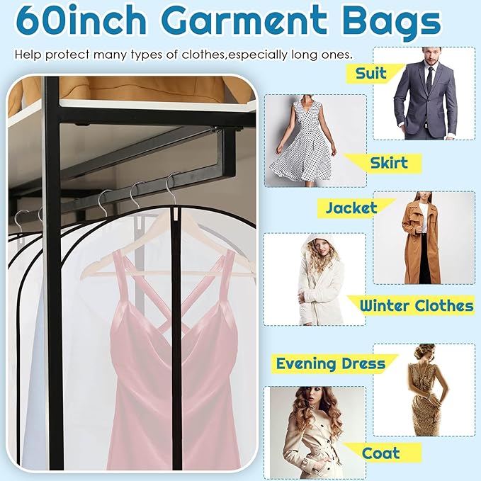 Amylove 40 Pack 60/40inch Garment Bags for Hanging Clothes with Zipper, Clear Garment Dress Covers PEVA Suit Protector for Closet Storage Travel Coat Gown Jacket Organizer(24 x 60 Inch)