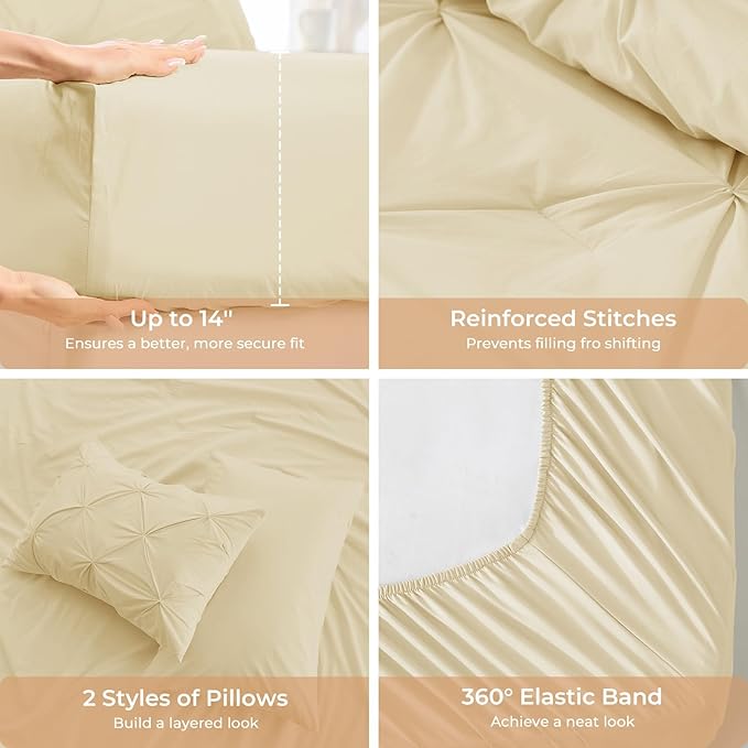 Sasttie Full Size Comforter Set, 7-Piece Bed in a Bag, Pintuck Bedding Set for All Season, Includes Comforter, Flat Sheet, Fitted Sheet, Pillowcases and Pillowshams, Pale Yellow