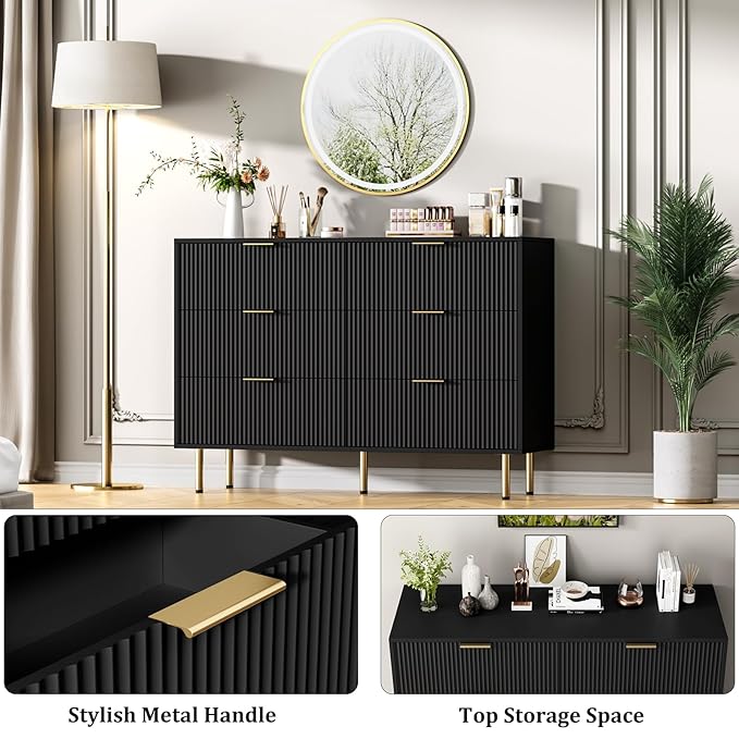 GarveeHome 6 Drawers Dresser for Bedroom, Fluted Dresser Chest of Drawers with Handle, Wood Modern Dressers for Closet, Bedroom Furniture Storage Organizer for Living Room, Hallway