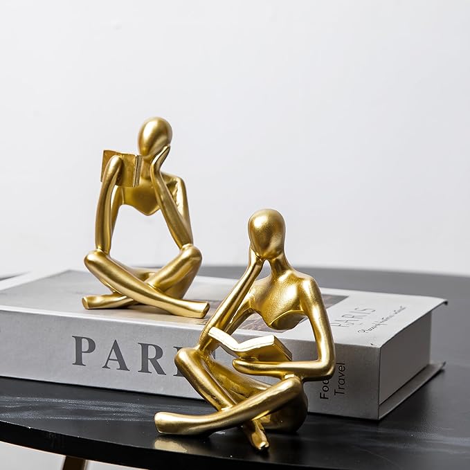 Reading Thinker Statue, Sculptures Abstract Art Ornament, Modern Aesthetic Figurine Decoration Set of 2 Status for Home Living Room Bedroom Office Shelf Table Desk Bookshelf Decor (Gold)