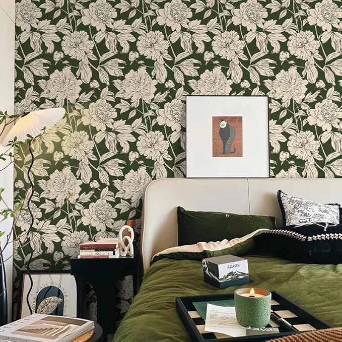 Peel and Stick Wallpaper Contact Paper for Cabinets Drawers Green Beige Floral Flower Vintage Design 17.5x500in Self Adhesive Wall Removable Desk Bedroom Moody Renter Friendly Modern