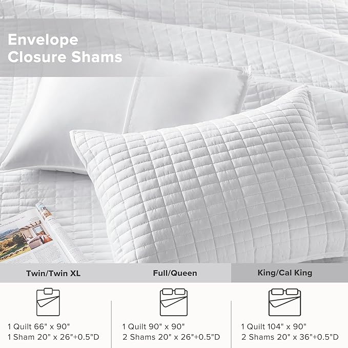 Comfort Spaces Kienna Quilt Set- Double Sided Stitching Design Summer Blanket, Lightweight, Soft, All Season Bedding Layer, Matching Sham, White, Coverlet King (104"x90") 3 Piece