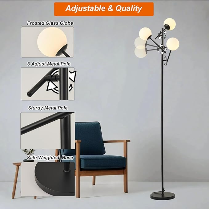 Fiqevs Globe Floor Lamp with 3 Adjustable Glass Ball Lampshade, Black Mid Modern Standing Lamp Bulbs Included, Sputnik Tree Tall Pole Lamp for Living Room, Bedroom