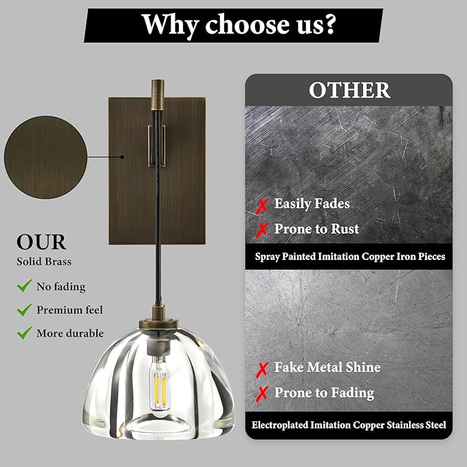 Crystal Brass Dome Wall Sconce - Luxury Antique Brushed Lighting Fixture with K9 Crystals Cloche - Set of 2 Modern Gold Sconces - Dimmable Indoor Hanging Light for Bathroom Bedroom Living Room Stair