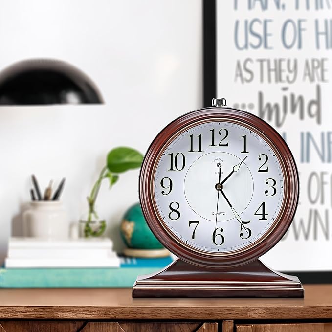 Retro Mantel Décor Desk Clock, 10-inch Vintage Table Clocks for Fireplace, Easy to Read Clocks for Living Room, Bedroom, Office, Desktop Decoration (Bright Brown)