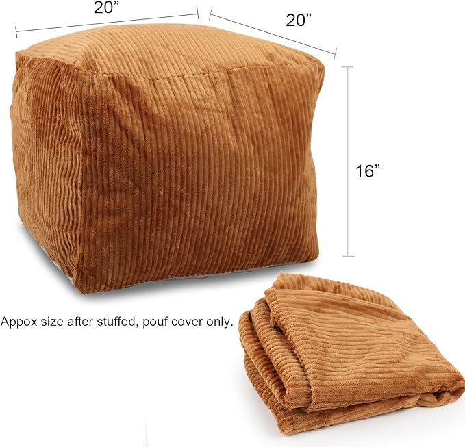 Sexysamba Square Corduroy Pouf Cover Only, 20"x 16" Unstuffed Decorative Ottoman Foot Stool Rest, Washable Storage Bean Bag Chair Floor Pouf Covers for Living Room Bedroom, Coffee
