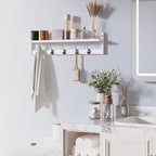 BAMEOS Wall-Mounted Wood Shelf with 5 Dual Hooks for Bathroom, Living Room, Bedroom (White-with Shelf)