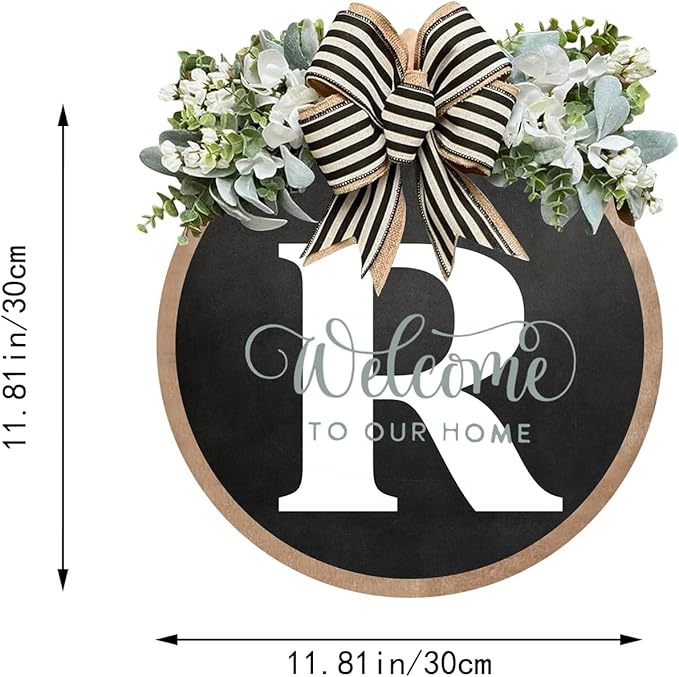 Circular Surname Front Door Welcome Sign - 26 Letter House Wreath, Front Porch Decorations, Year-Round Home Decor (R)