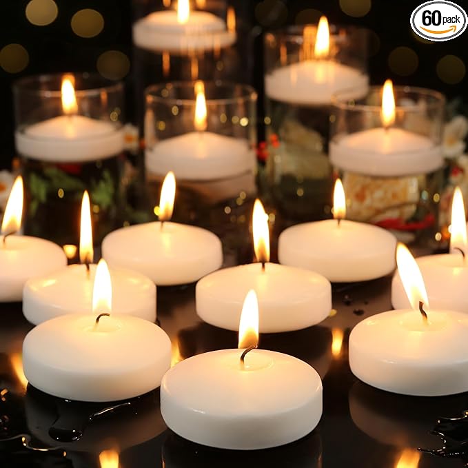 3 inch White Floating Candles, 60 Pack Unscented Floating Candle,8-9 Hours Burning Floating Candles for Centerpieces, 3" Water Candles for Cylinder Vases, Wedding, Party