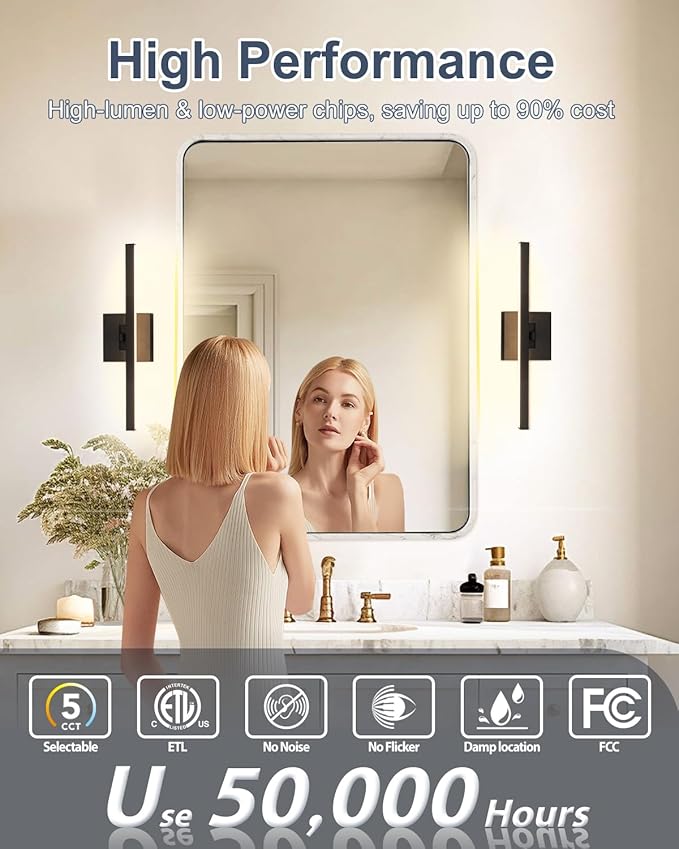 Bathroom Lights Over Mirror, 16 Inch 12W IP44 Black Modern Vanity Lights, 5CCT Adjustable (2700K–5000K), Dimmable Led Bathroom Light Fixtures, Dual-Sided, 180° Rotatable Angle, ETL