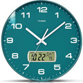 Wall Clock, 12" Dial Non-Ticking Silent Battery Operated Analog with LCD Display for Perpetual Calendar and F° Temperature, Ideal Modern Home, Bedroom, Kitchen, Office Decor (Green)