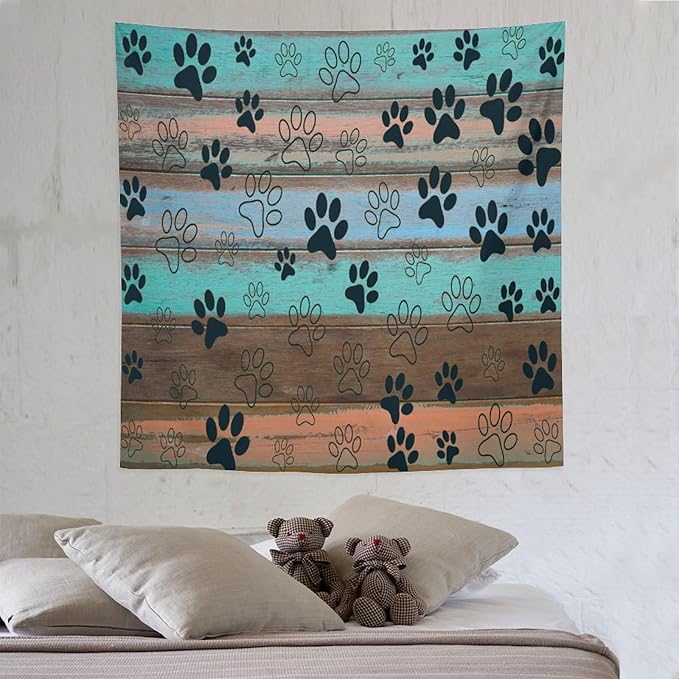 VUMIVI Dog Paw Print Tapestry Rustic Farmhouse Vintage Wood Paneling Home Decor Tapestry Wall Hanging for Living Room Bedroom Dorm Classroom Aesthetic Decor W60xL60in