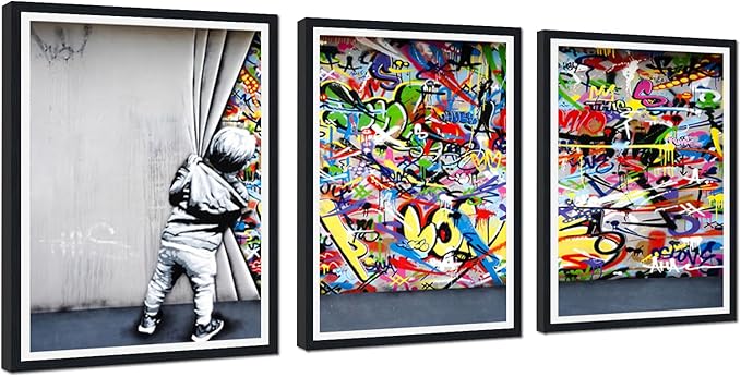 Novatique Banksy Canvas Wall Art Modern Street Wall Art Behind the Curtain Painting Framed Print Graffiti Art Wall Decor for Living Room Bedroom,16" x 24" x 3pcs