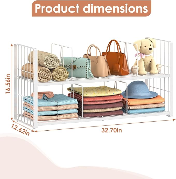 Stackable Closet Storage Shelf, Adjustable Divider Clothes Shelves Organizer for Jeans Pant Shirt Sweater Bag Purse Shoe, Clothing Shelving Rack for Bedroom RV Wardrobe Closet System-White