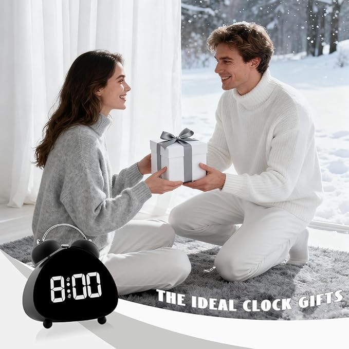 Twin Bell Alarm Clock, Cute Triangle Digital Alarm Clock, Bedside Loud Alarm Clocks for Heavy Sleepers Adults, Silent Desk Clock Battery Operated, Small Table Clock for Bedroom Living Room (Black)