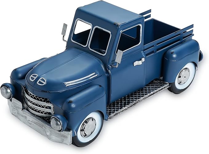 Farmhouse Blue Truck Decor, Vintage Metal Truck Table Decor, Decorative Farm Tabletop Storage & Garden Pickup Trucks Planter, Fall Coffee Desk Centerpiece & Car Model Gifts
