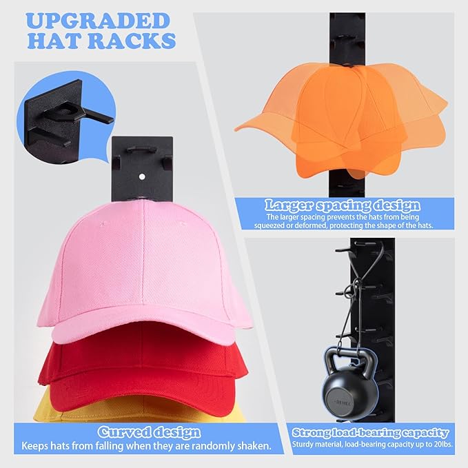 Hat Organizer for Baseball Caps, 2 Pack Black Hat Rack for Wall Hold up to 18 Hats Strong Adhesive Hat Hooks Stand Hat Hanger Organizer Storage Holder Display for Door Closet