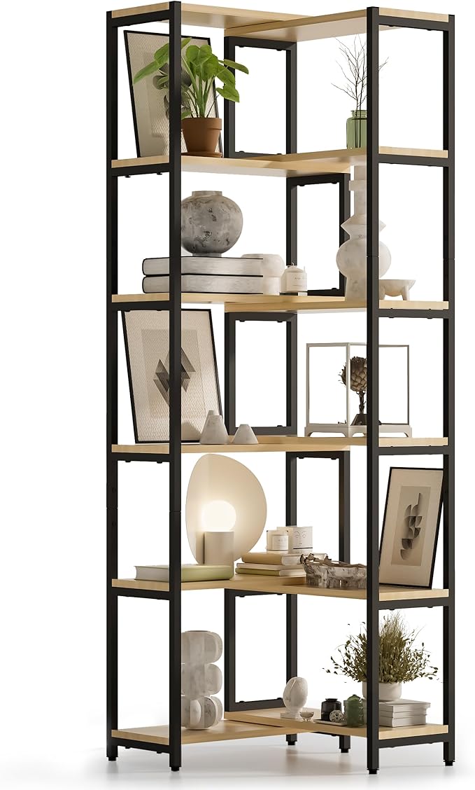 6 Tier Corner Shelf/Bookshelf, Deformable L Shaped Bookcase, Modern Tall Storage Display Rack with Sturdy Metal Frame for Home Office (Light Natural Wood Color)