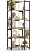 6 Tier Corner Shelf/Bookshelf, Deformable L Shaped Bookcase, Modern Tall Storage Display Rack with Sturdy Metal Frame for Home Office (Light Natural Wood Color)