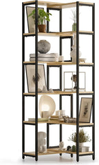 6 Tier Corner Shelf/Bookshelf, Deformable L Shaped Bookcase, Modern Tall Storage Display Rack with Sturdy Metal Frame for Home Office (Light Natural Wood Color)