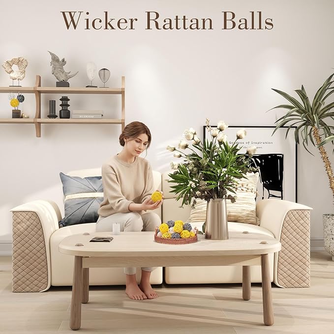 DomeStar 24PCS Yellow Decorative Balls for Bowl Centerpiece, 2 Inch Rattan Bowl Fillers - Wicker Twig Orbs Spheres for Yellow Kitchen Home Decor Vase Table Scatters