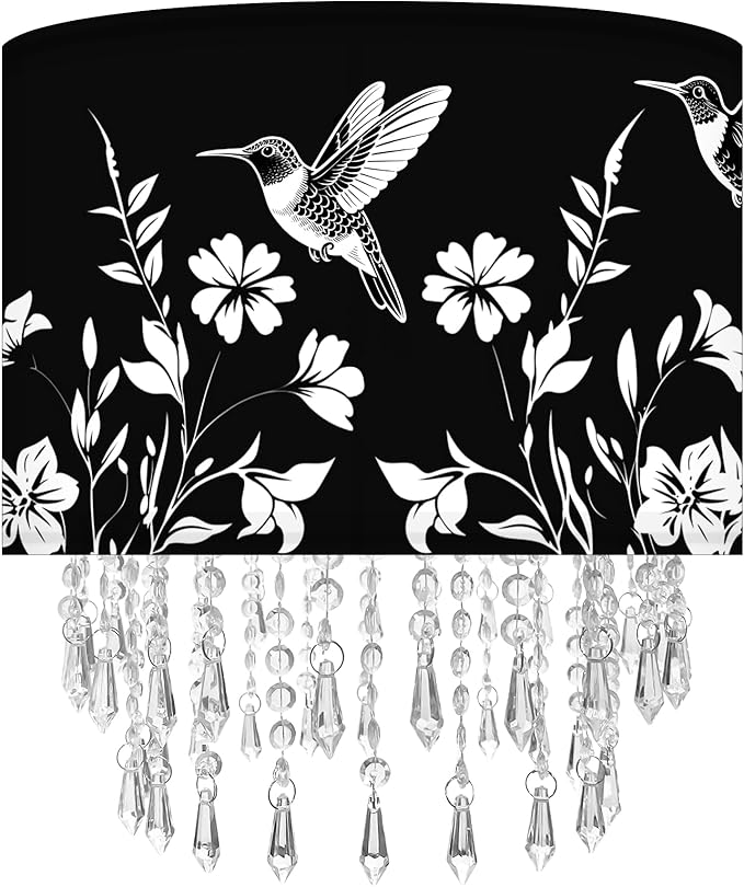 Hummingbird & Floral Lamp Shade with Crystal Bead Droplets, Black & White Drum Fabric Light Shade for Ceiling Pendant Table & Floor Lamps, Nature-Inspired Decor, 11.8in
