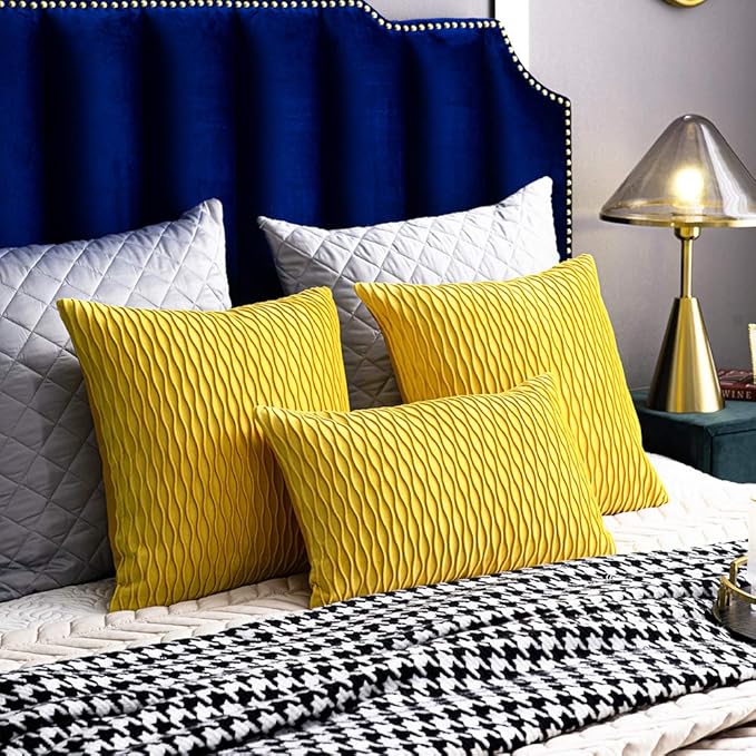 Mustard Yellow Couch Pillow Covers: 2 Pack 12x20 Inch Original Striped Velvet Rectangular Throw Pillow Cases for Farmhouse Home Decor