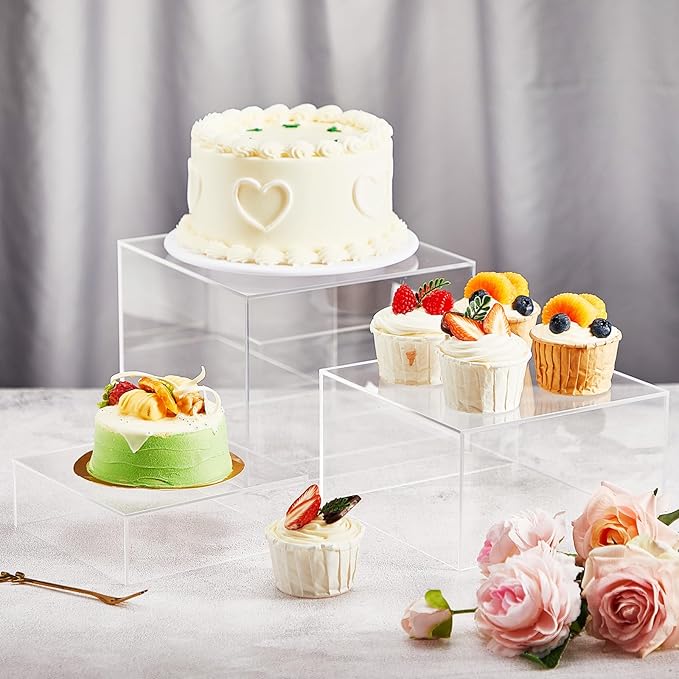 Leinuosen 6 Pcs Large Buffet Risers, 6 to 11 Inch Catering Dessert Table Risers Food Decorative Stands with hollow bottom for Catering Supplies, Party (Clear, Square)