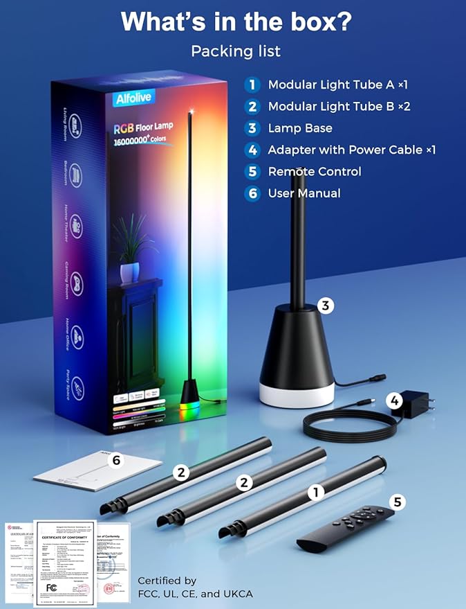 RGB Floor Lamp, Smart LED Corner Lamp for Living Room Bedroom, 16 Million DIY Colors Standing Lamp with Music Sync App & Remote Control, Cool Modern Mood Light Ambient Lighting, Black
