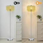 Luvkczc Crystal Floor Lamp Yellow, 64" Tall Elegant Standing Lamp with On-Off Foot Switch, Double-Layer Lampshade, Standing Lamps for Living Room, Bedroom, Office, 8W Bulb Included