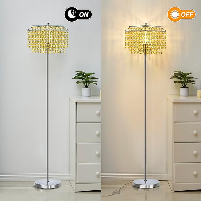 Luvkczc Crystal Floor Lamp Yellow, 64" Tall Elegant Standing Lamp with On-Off Foot Switch, Double-Layer Lampshade, Standing Lamps for Living Room, Bedroom, Office, 8W Bulb Included