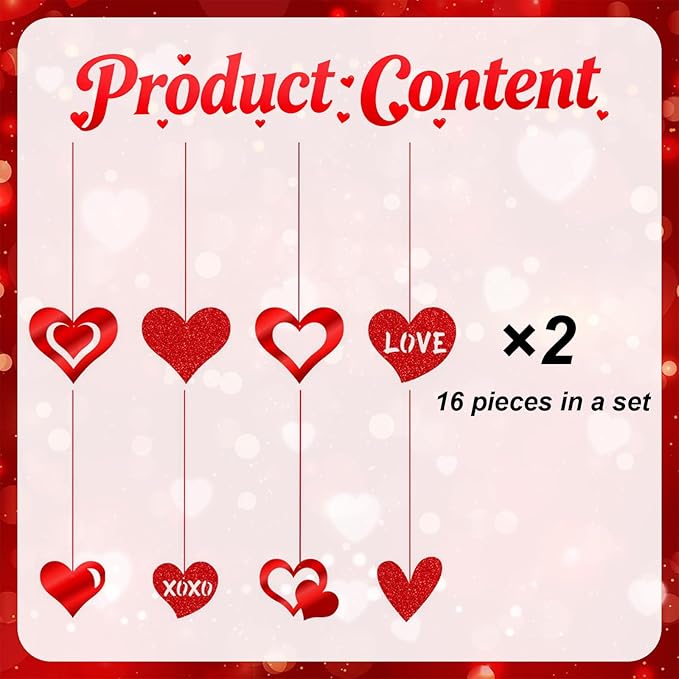 16 Pack Valentines Hanging Decorations, Glitter Valentine Hanging Hearts, Valentine Heart Ornaments for Valentines Day Party Supplies Decorations