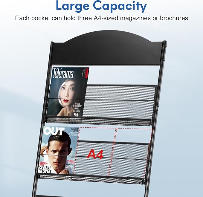 Magazine Rack Floor, Literature Display Rack Brochure Stand for Offices, Trade Show Exhibitions Office Retail Store (Black)