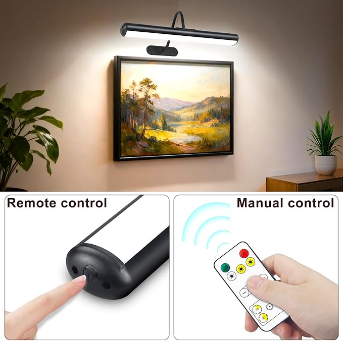 Wireless Picture Light for Wall, Battery Painting Lighting with Metal Material, Remote Control,3 Lighitng Colors,300LM Brightness Dimmable, Timer Auto-off, Adjustable Light head for Portrait Gallery